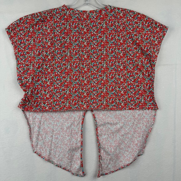 Zara Floral Print Open Back T-Shirt Red Blue Women's Medium Top - Picture 5 of 5